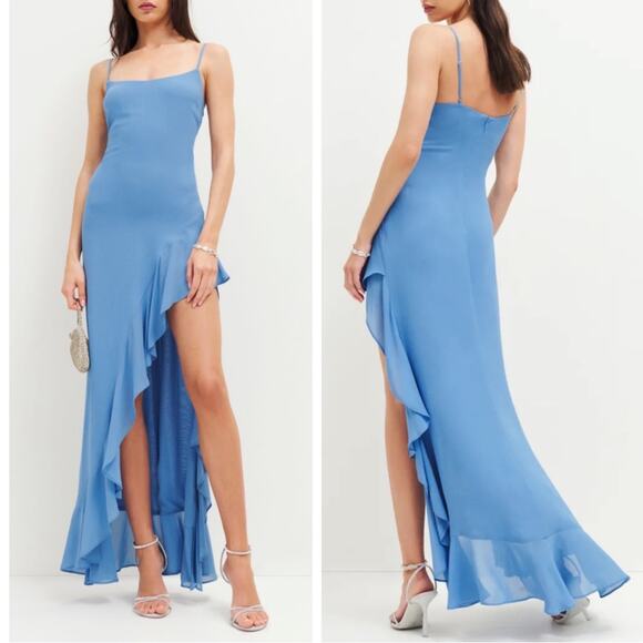 Reformation Winola Ruffle High Slit Azure Blue Maxi Dress Size XL - Picture 1 of 9